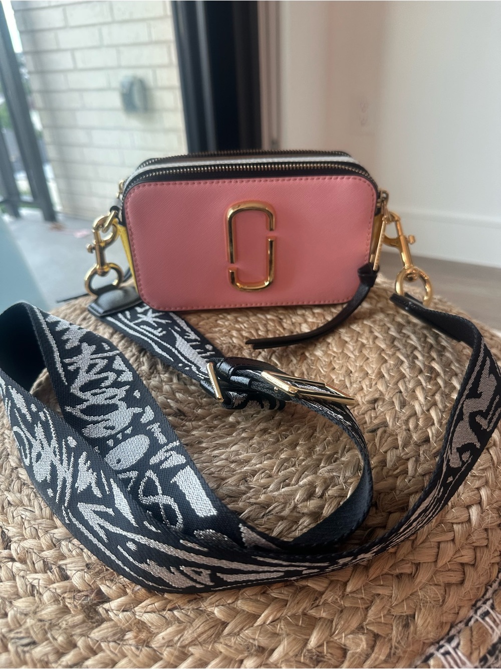 Marc Jacobs Pink Leather Snapshot Crossbody with Black Strap
